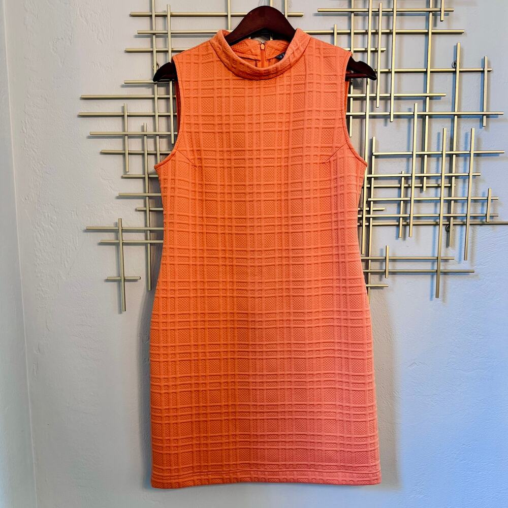 Sharagano Coral Textured Sheath Dress Size 10 Mock Neck Sleeveless